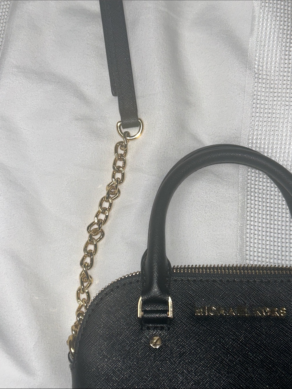 Michael Kors Black Saffiano Leather Satchel with Gold Chain Strap - Picture 3 of 6
